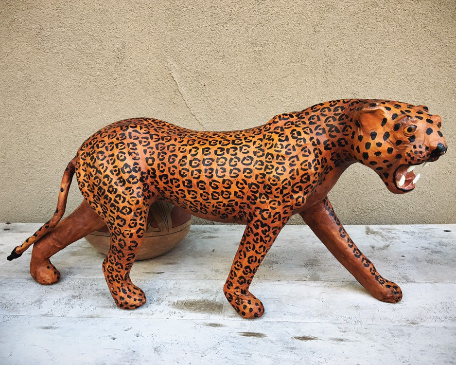 Very Large Folk Art Leather Wrapped Cheetah or Spotted