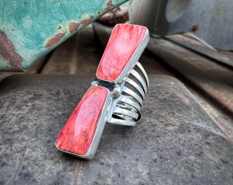Navajo Phil Secatero Spiny Oyster Sterling Silver Ring Size 9 Slightly Adj, Modern Southwest