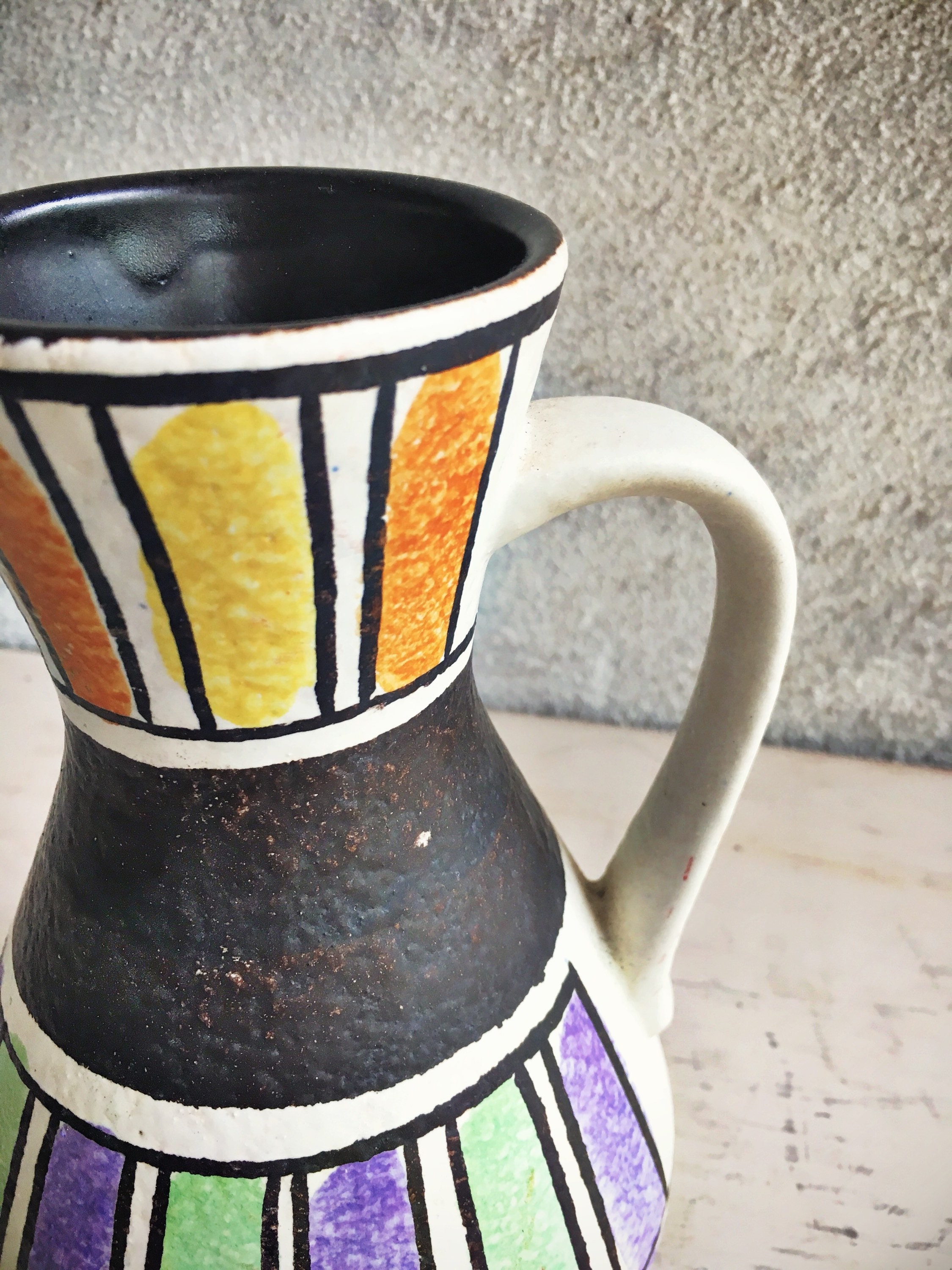 West German Pottery Vase Black White Colorful Jasba Ceramic Pottery Pitcher