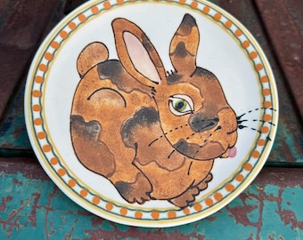 Vintage Janet Rothwoman Art Studio Pottery Plate Approx 8" Diameter, Bunny Rabbit Design