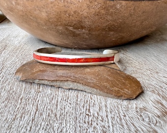 Signed Zuni Narrow Coral Inlay Sterling Silver Bracelet Size 6.25, Very Lightweight