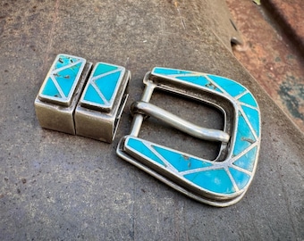 Vintage Turquoise Inlay Sterling Silver Ranger Belt Buckle Set, Matching Keeper but No Tip