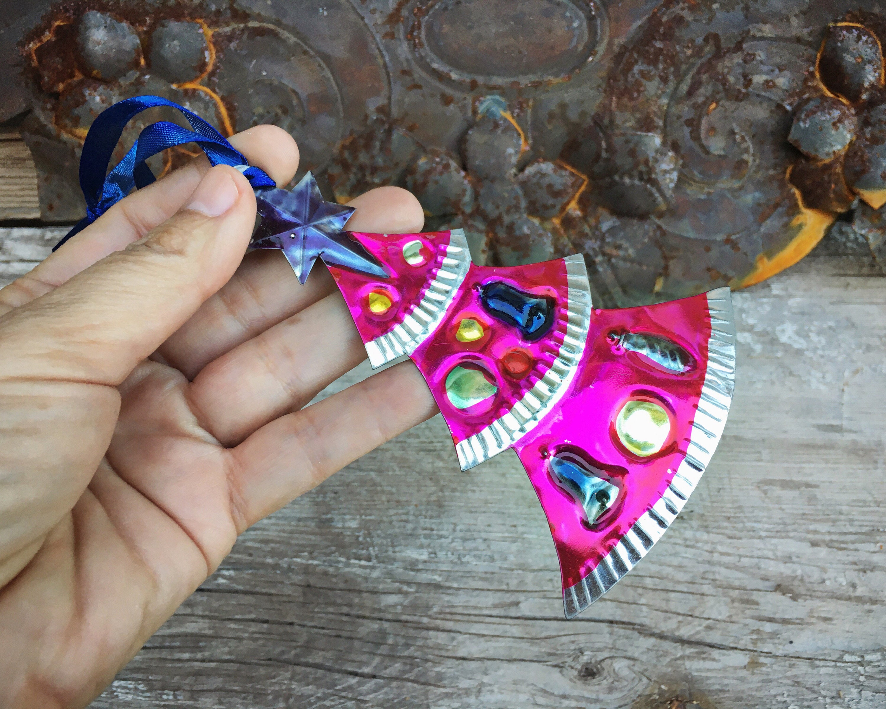 Mexican Tin Ornament of Christmas Tree, Hacienda Inspired Holiday