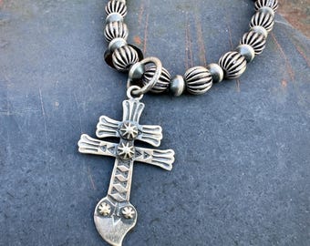 Stamped Sterling Silver Isleta Cross Pendant on Fluted Bead Navajo Pearl Necklace Approx 18"
