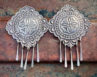 1980s Silver Stamped Concho Dangle Earrings Approx 2.5", Heavy Well-Made