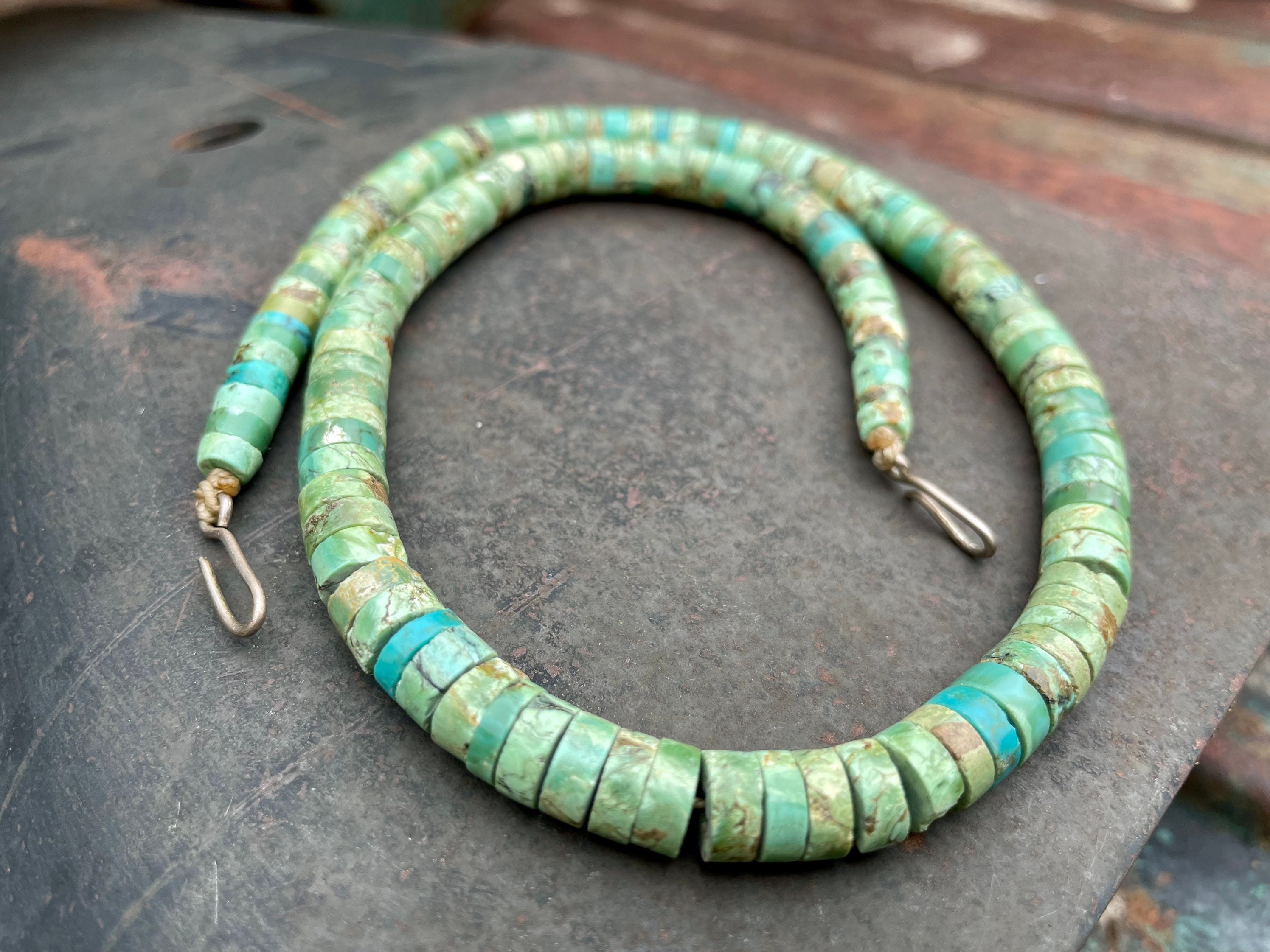 1960s Turquoise Heishi Necklace Choker 17.5, Strung on Twine, Vintage
