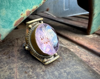 Tibetan Brass Faceted Glass Saddle Ring Adj Size, Pale Purple Color, Bohemian Jewelry