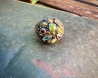 Vintage Samuel J. Benham 18K Gold and Sterling Silver Multi-Gemstone Ring Size 8, Designer Jewelry