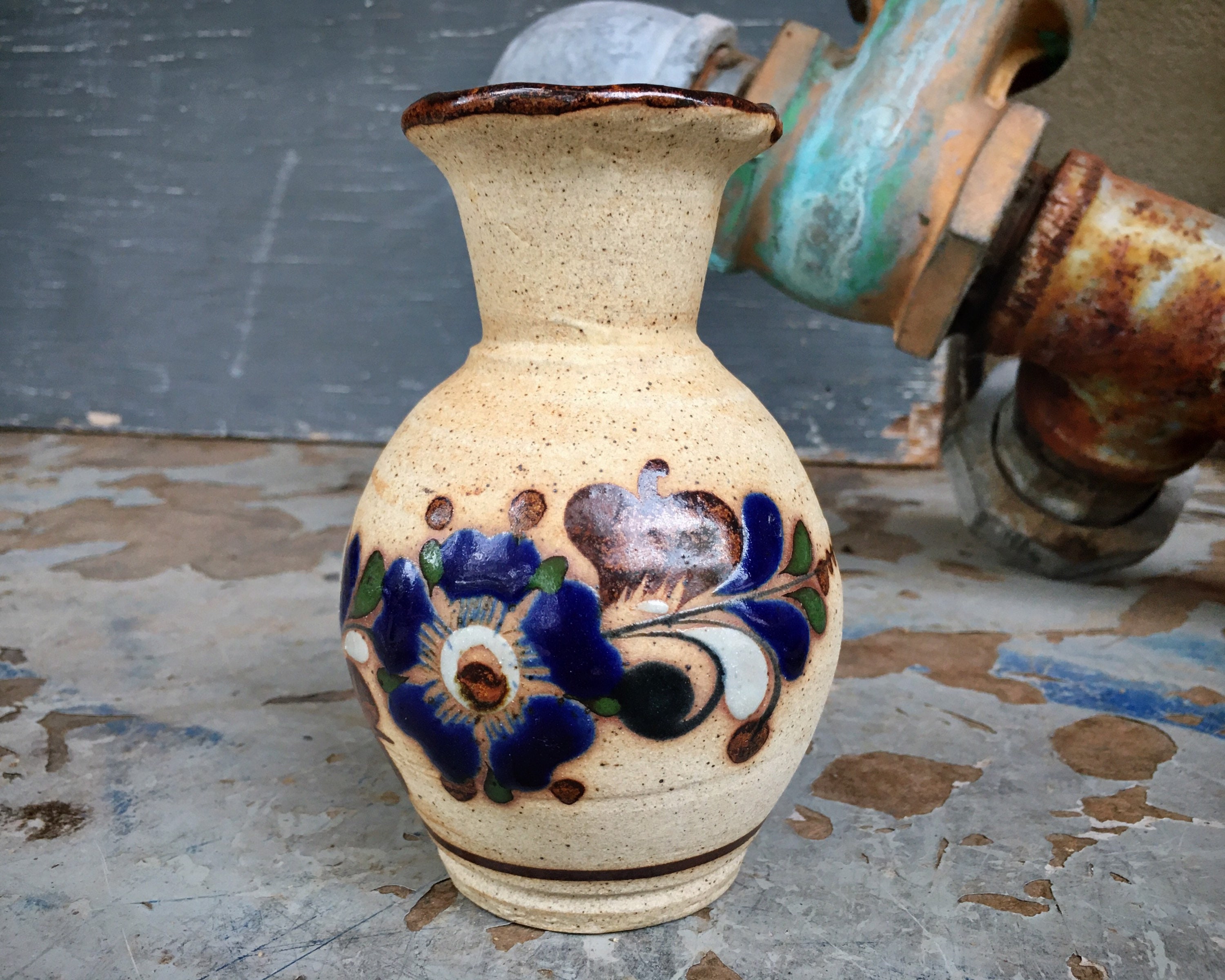 Small Tonala Stoneware Pottery Vase with Floral Design, Mexican Decor