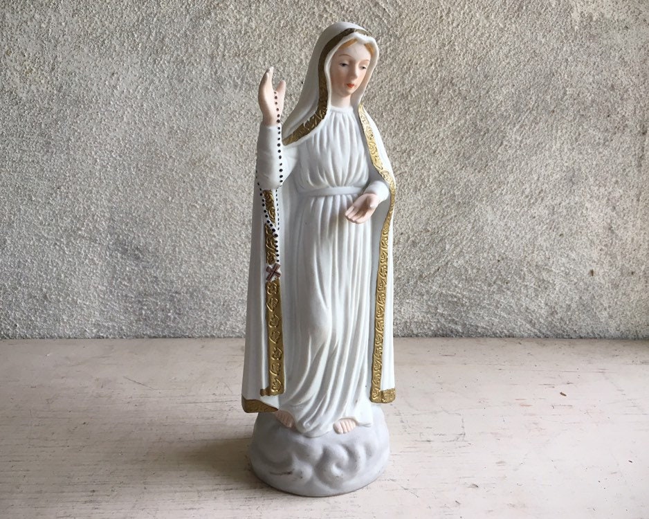 Vintage Bisque Porcelain Our Lady of Fatima Figurine, Catholic Altar Art Religious Statue