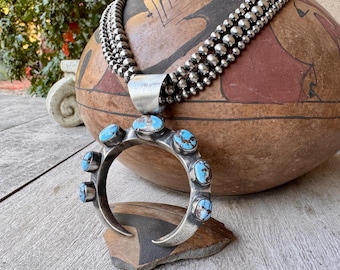 Chimney Butte Turquoise Sterling Silver Naja Pendant on 3-Strand Navajo Pearls Necklace 19"