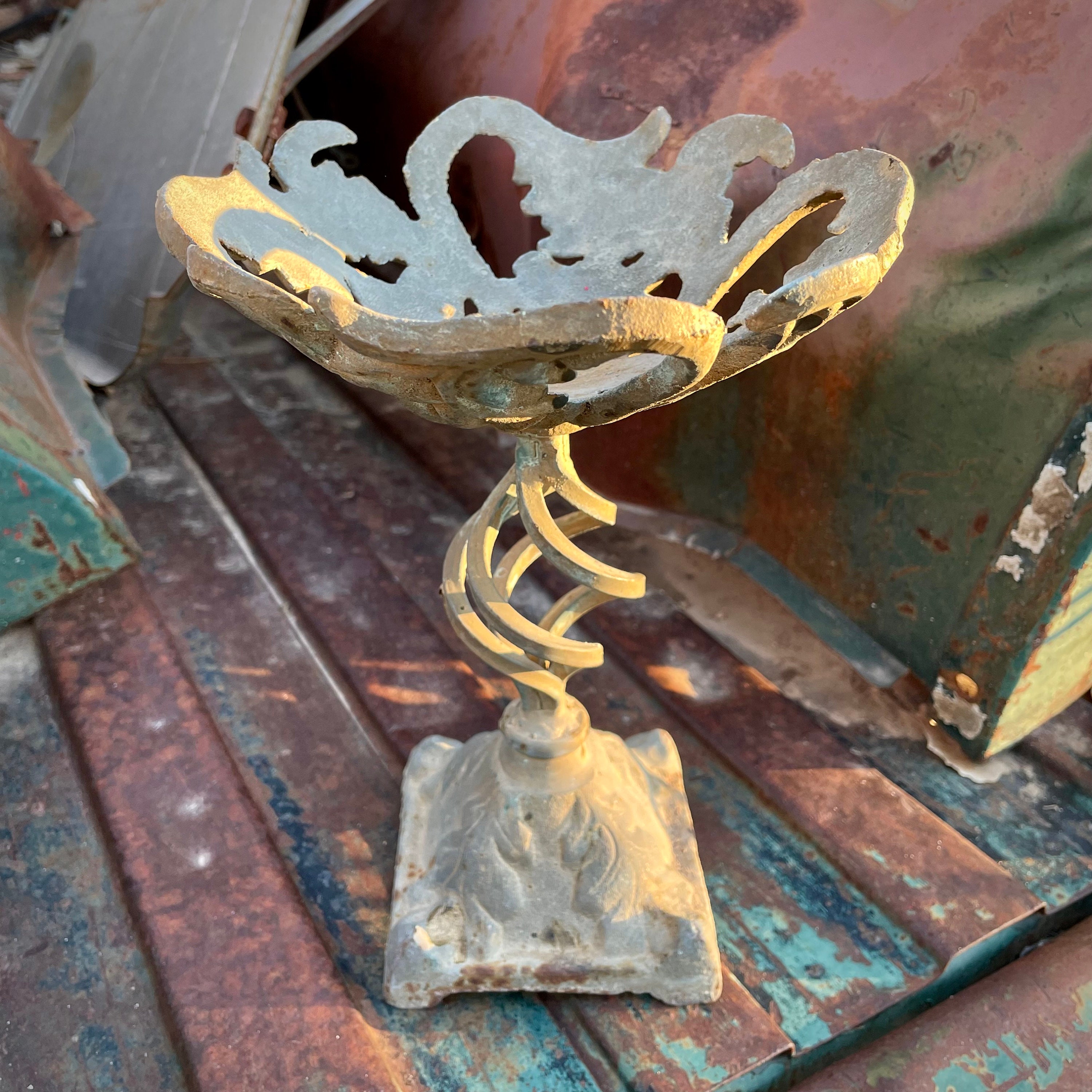 Vintage Rusty Metal Cast Iron Compote Dish on Stand, Cottage Garden