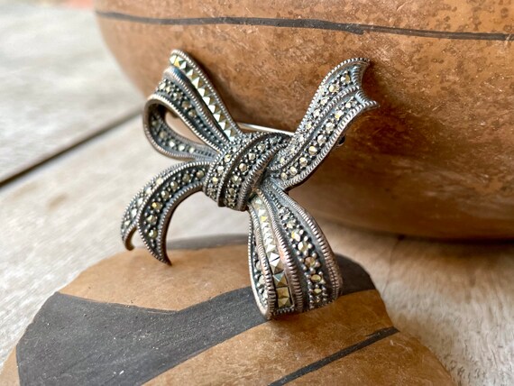 Vintage Sterling Silver Marcasite Brooch Bow by J… - image 1