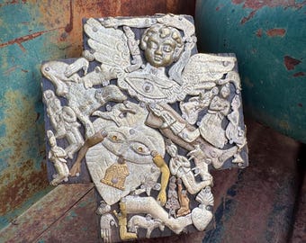 Vintage Estela Ogazon Mexican Milagro Wall Cross Approx 5.5" x 6", Religious Folk Art