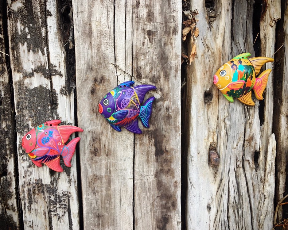 Three Small Mexican Pottery Fish Wall Hangings Colorful Wall Art Folk Art Southwestern Decor