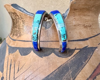 Zuni Duran Gasper Earrings Turquoise Lapis Lazuli Inlay Half Hoops, Vintage Circa 1990s