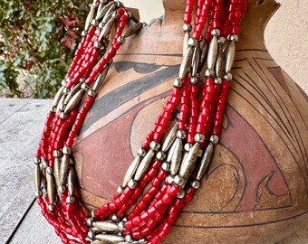Vintage Glass "Coral" & Silver Bead Multi Strand Necklace, Santa Fe Style Southwestern Jewelry