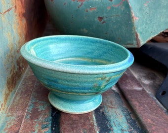 Signed Art Studio Pottery Bowl Modernist Blue-Green Teal Colored Glaze, Ceramics Sculpture Holder