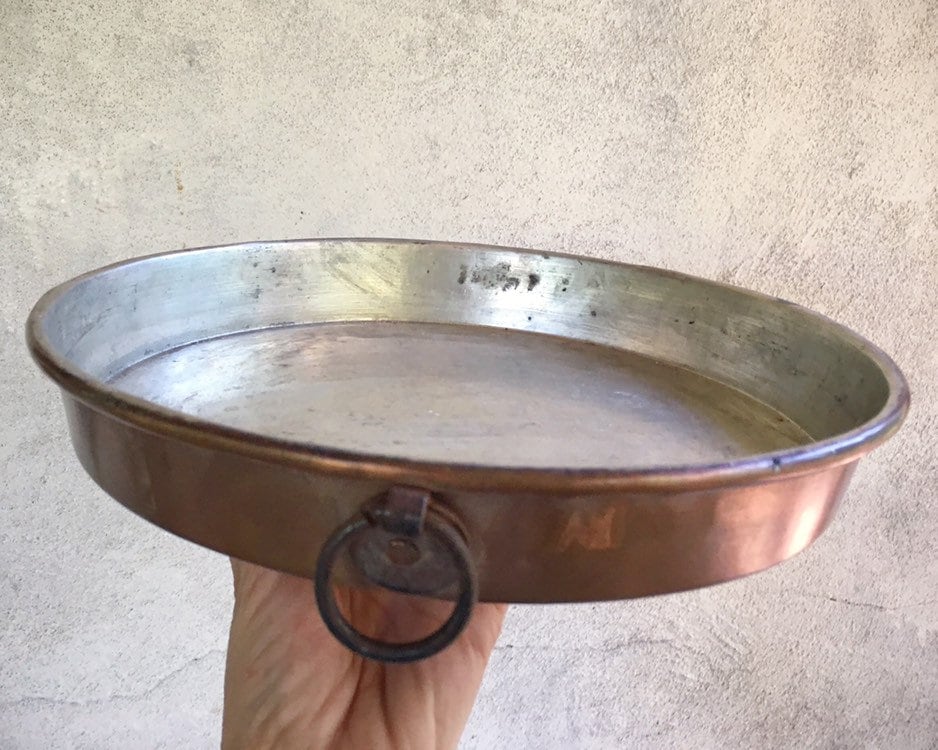 10 Vintage Copper Tin Lined Round Pan with Ring, French Cookware