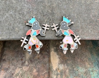 Vintage Clip-On Earrings of Kachina Dancer Turquoise Multi-Stone Channel Inlay, Zuni Jewelry