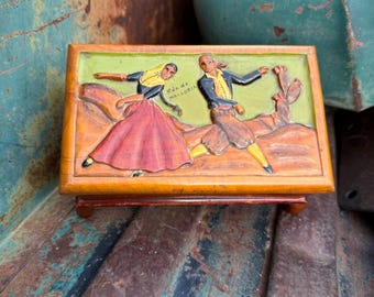 Vintage "Recuerdo de Mallorca" Carved Wood Box, Traditional Bolero Dancers, Spanish Souvenir
