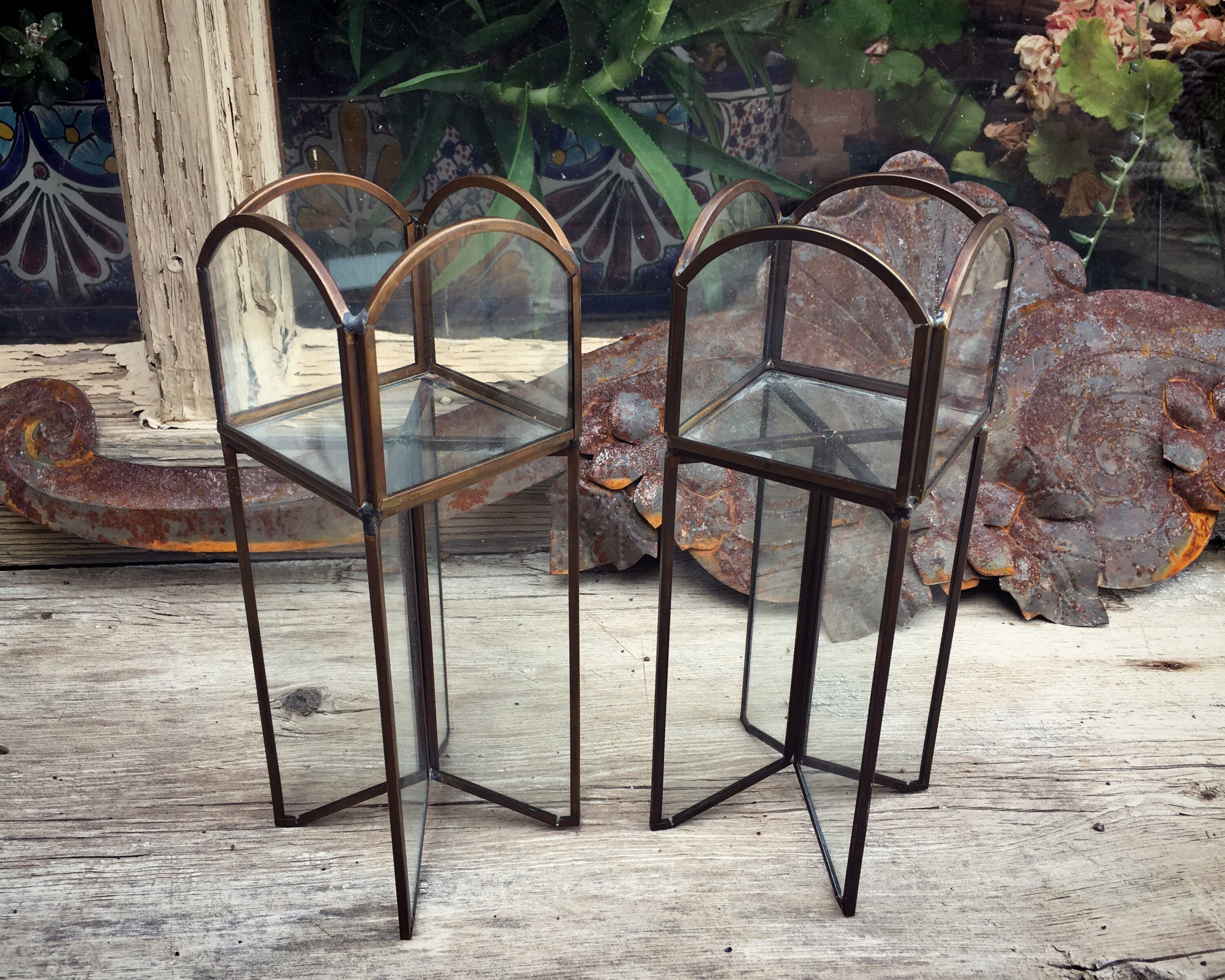 Two Clear Glass Soldered Metal Votive Candle Holders or Tabletop Shelf