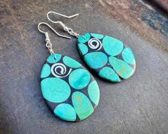 Santo Domingo Pueblo Daniel Coriz Turquoise Inlay Earrings, Silver Spiral