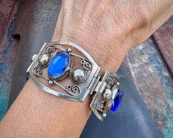 Vintage Taxco Sterling Silver Panel Bracelet Approx 6.5”, Blue Glass, Mexican Jewelry