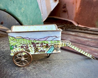 Vintage Empress Arts Miniature Cloisonne Enameled Wagon w/ Landscape Valley Prairie Scene