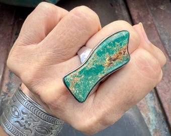 Green Turquoise Sterling Silver Navajo Ring Size 8.5, Signed Jefferson Abeyta, Organic Shape