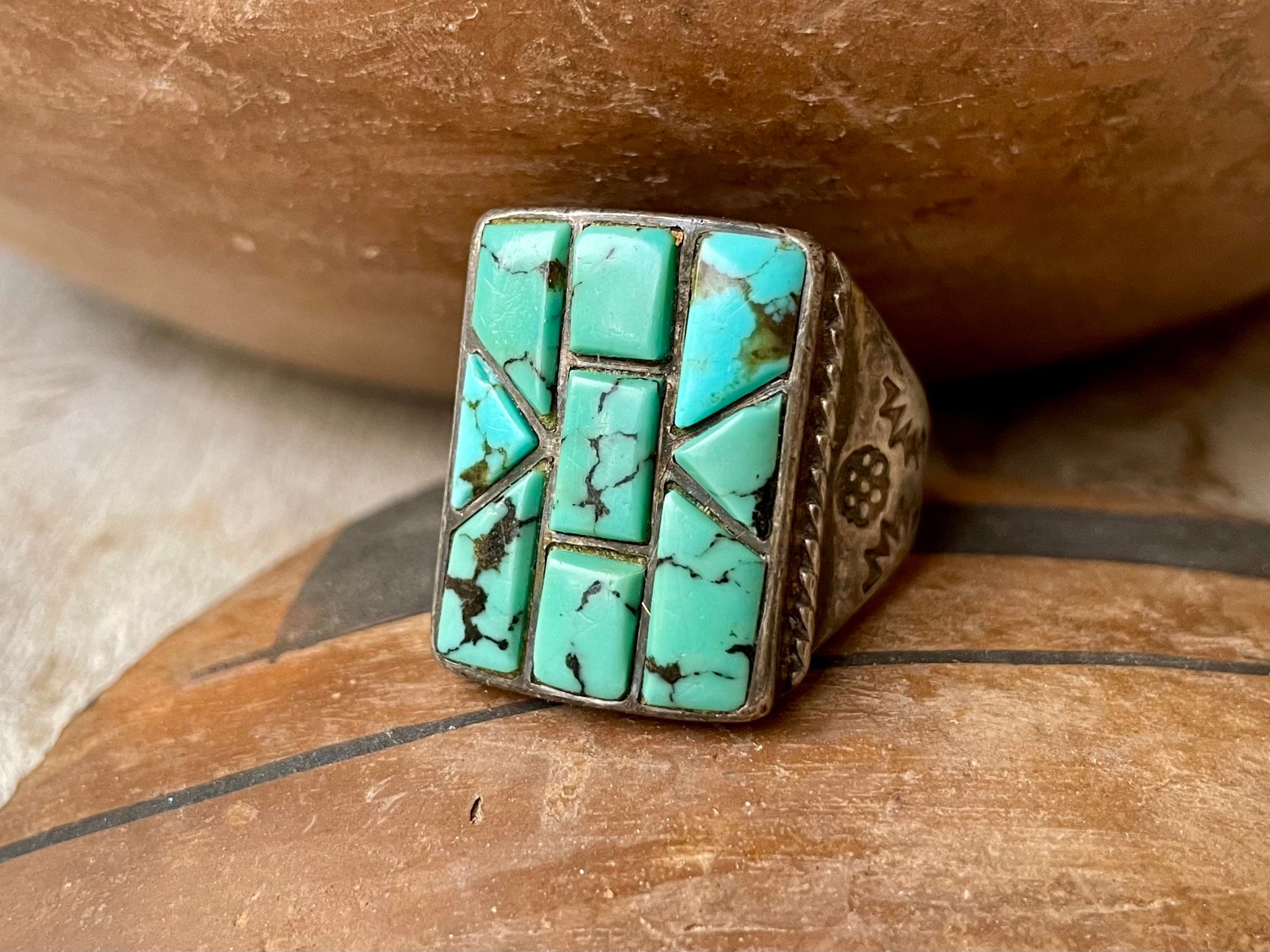 Vintage Navajo Chunky Turquoise Ring Leaves Sterling Silver Size 11 -  Yourgreatfinds