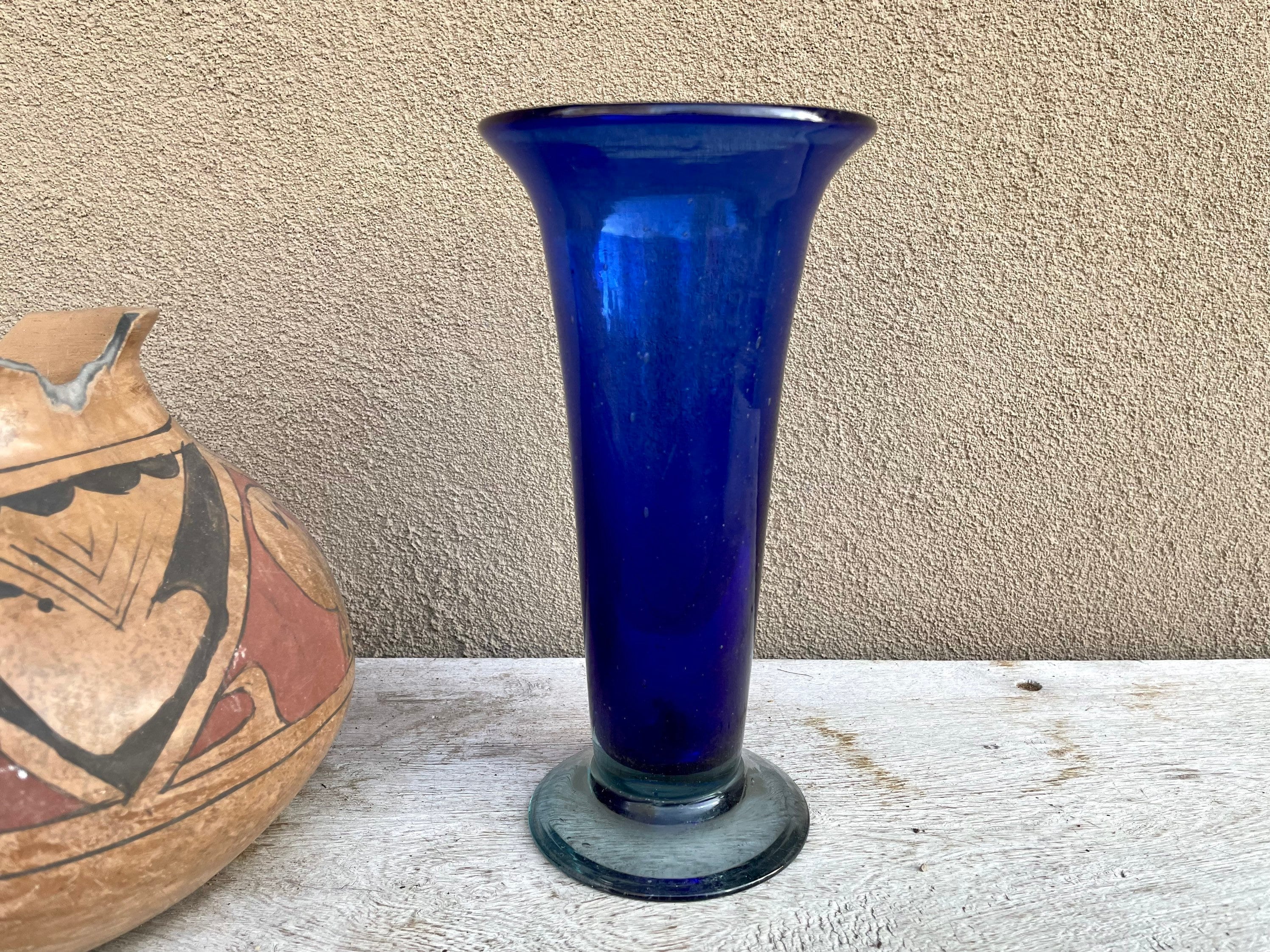 Vintage Mexican HandBlown Cobalt Blue Glass Vase 9.75 Tall, Clear Base