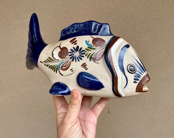 Vintage Tonala Stoneware Pottery Fish Sculpture, Mexican Folk Art, Rustic Bohemian Decor