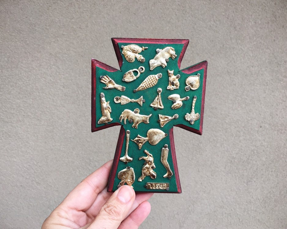Vintage Mexican Milagro Cross, Mexican Folk Art Amulets on Wooden Cross