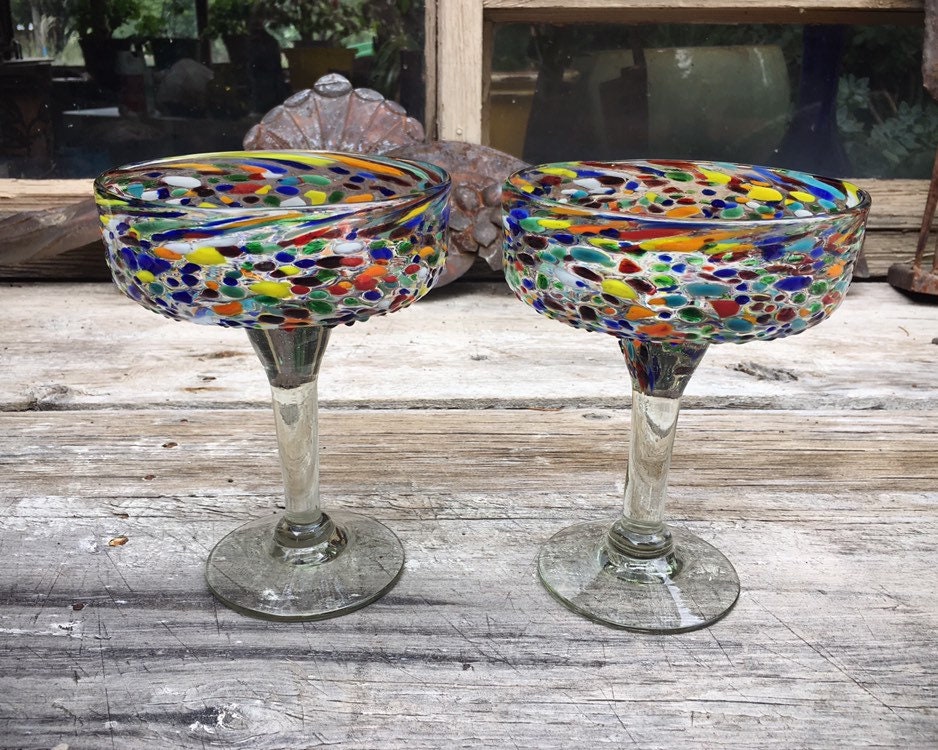 Two Large Mexican Blown Glass Margarita Goblets Speckled Glass, Hand Blown Glass, Southwestern