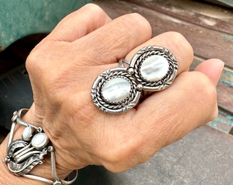 Sterling Silver Mother of Pearl Ring for Women Size 7.75, Traditional Navajo Two-Stone Design