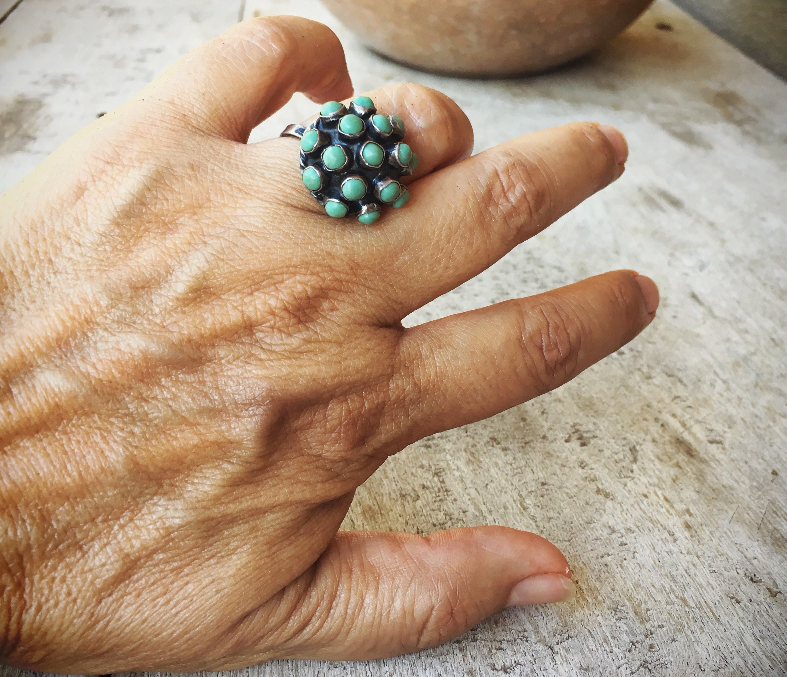 Vintage Mexican Turquoise Ring Adjustable Band, Round Vintage Mexican Turquoise Ring Adjustable Band, Round