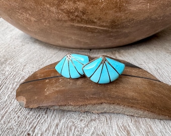 Vintage Small Turquoise Inlay Fan Earrings, Signed K.E.K., Native American Dainty Posts