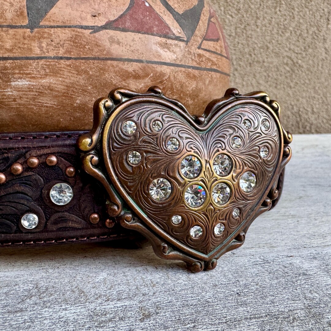 Western Size 30 Leather Belt Brass Heart Buckle by Justin  display picture 1
