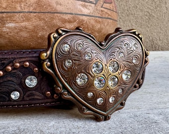 Western Size 30 Leather Belt Brass Heart Buckle by Justin, Rhinestone Studded, Made in 2004