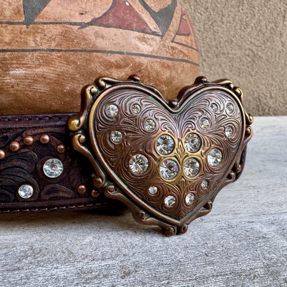 Western Size 30 Leather Belt Brass Heart Buckle by Justin  display picture 1