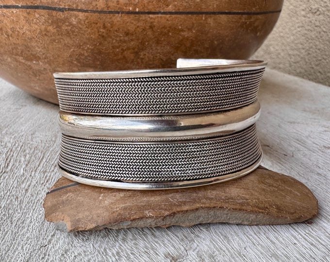 Featured listing image: Vintage Wide Flared Tribal Sterling Silver Cuff Bracelet Approx Size 6.75