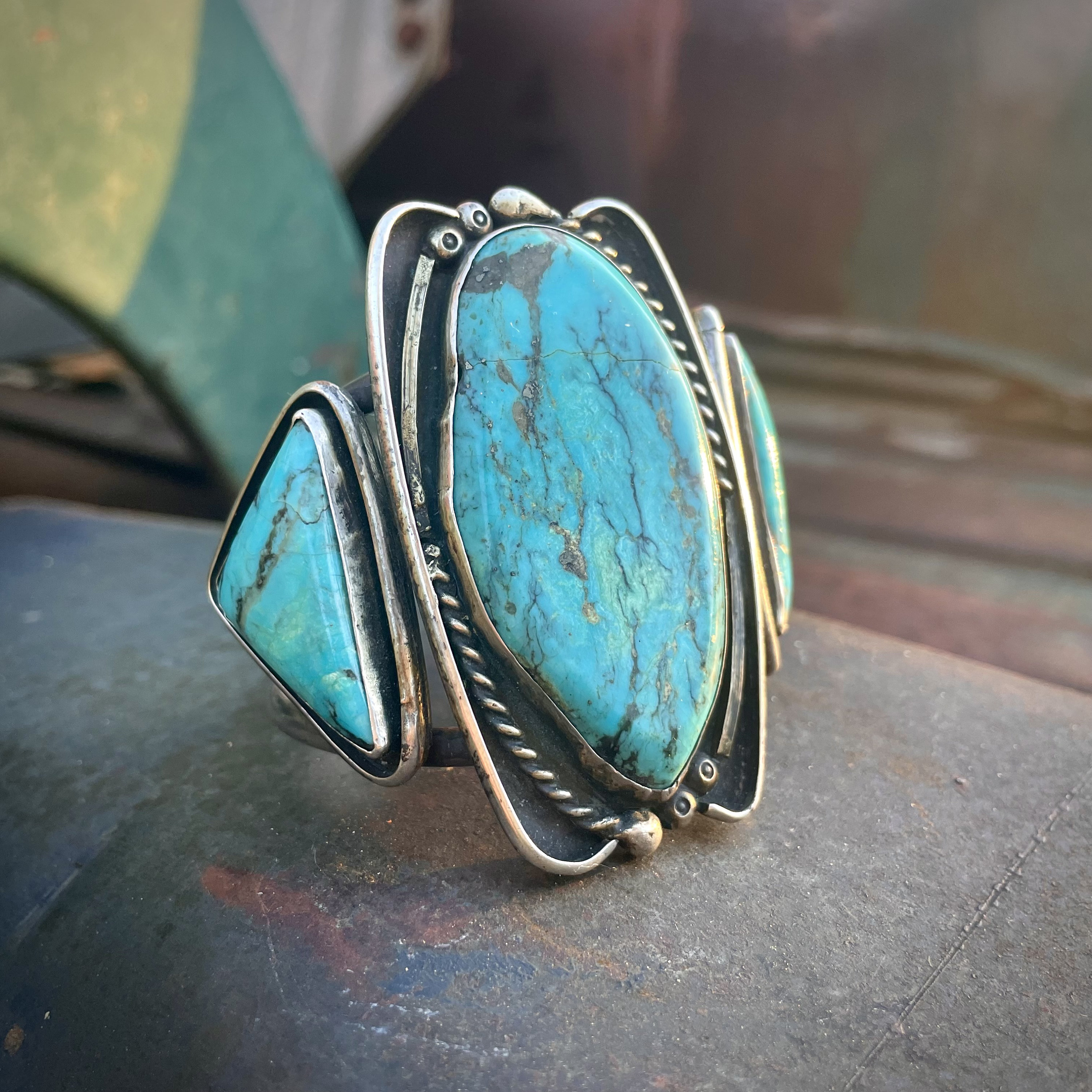 Native American Unique Triangular Silver Sterling Silver Turquoise Flank Bracelet Old Native American Unique Triangular Silver Sterling Silver Turquoise Flank Bracelet Old