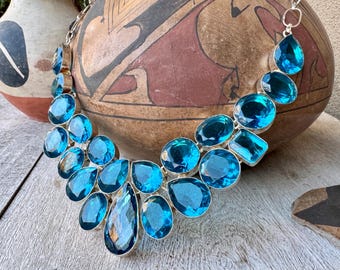 Vintage Chunky Blue Glass Bib Collar Necklace Approx 19", Rhinestone Jewelry