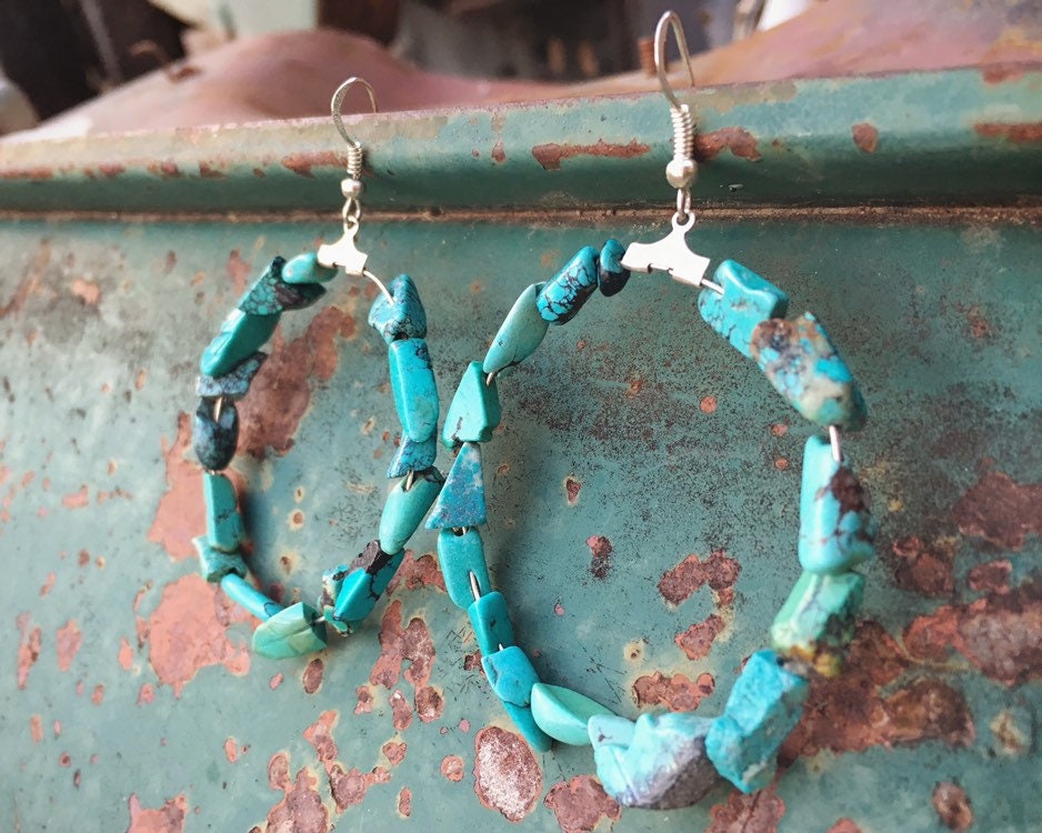 Vintage Turquoise Nugget Hoop Earrings for Women Native American Indian ...