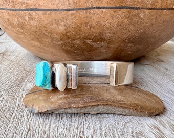 Lilly Barrack Open Cuff Bracelet Sterling Silver Turquoise Pearl, Terminals Up