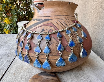 Vintage Lapis Lazuli Ethnic Bib Necklace 18.5", Kuchi Tribal Afghani