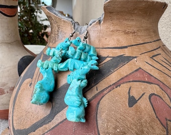 Vintage Stacked Carved Turquoise Bear Animal Fetish Earrings Dangle to 3"