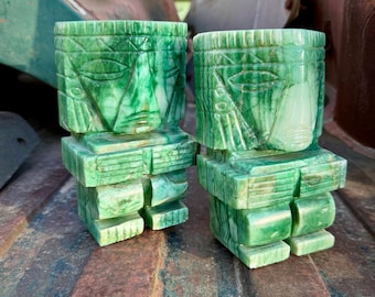 Heavy Distressed Vintage Jadeite Bookends Aztec Mayan Figures 6" Tall, Bookshelf Library Decor