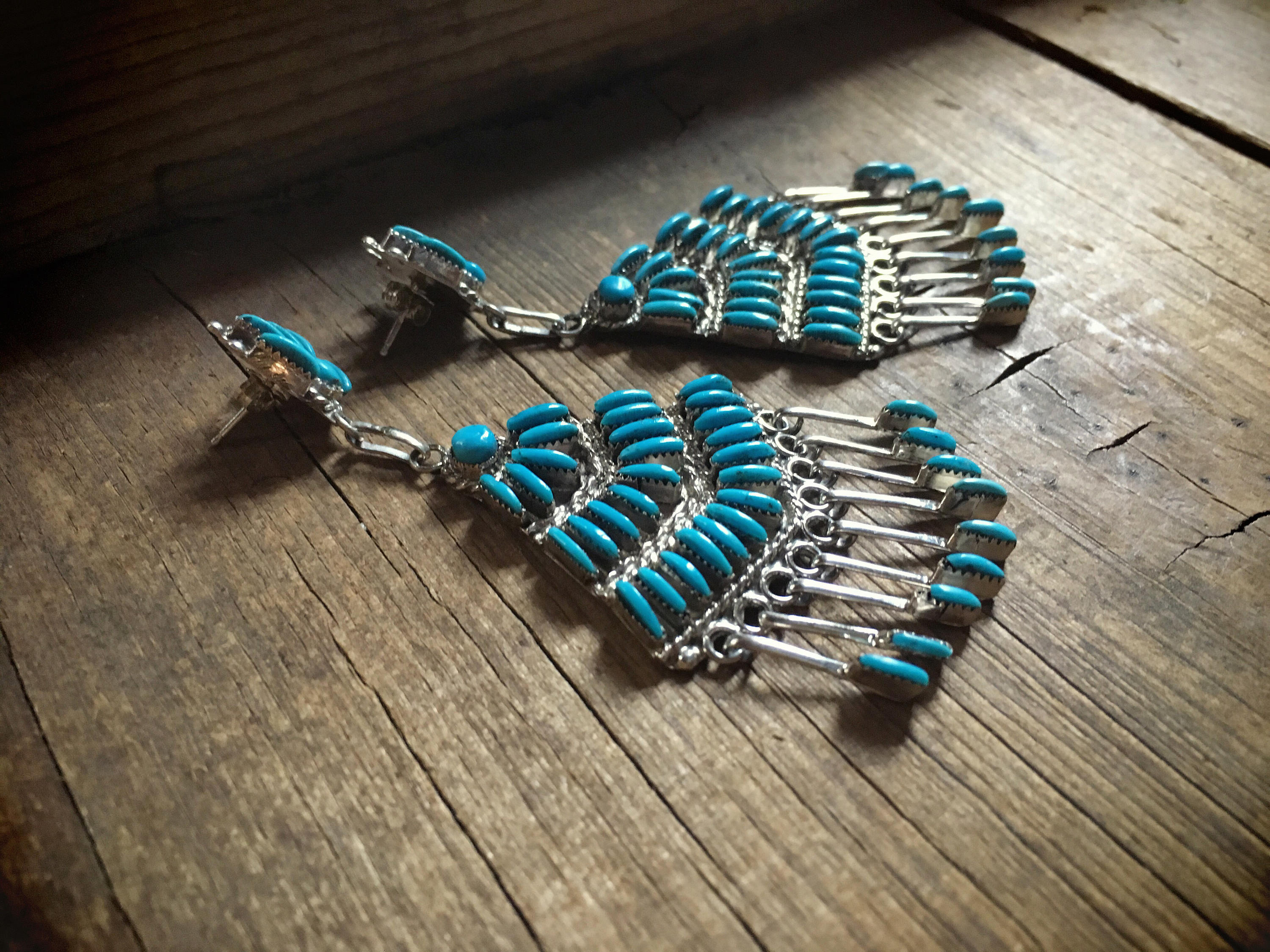 Tremendous Native American Zuni Chandelier Turquoise Sterling Silver Earrings Tremendous Native American Zuni Chandelier Turquoise Sterling Silver Earrings